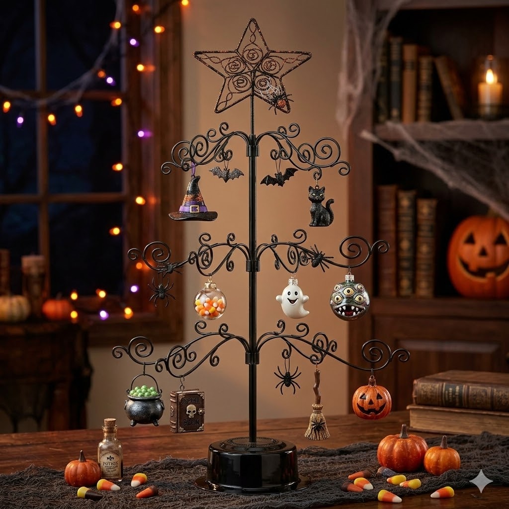 HOHIYA 24 Inch Tabletop Rotating Ornament Display Tree 3-Tier Metal Stand with 36 Hooks, Small Christmas Tree for Desk  Countertop Jewelry and Keepsake Holder Black